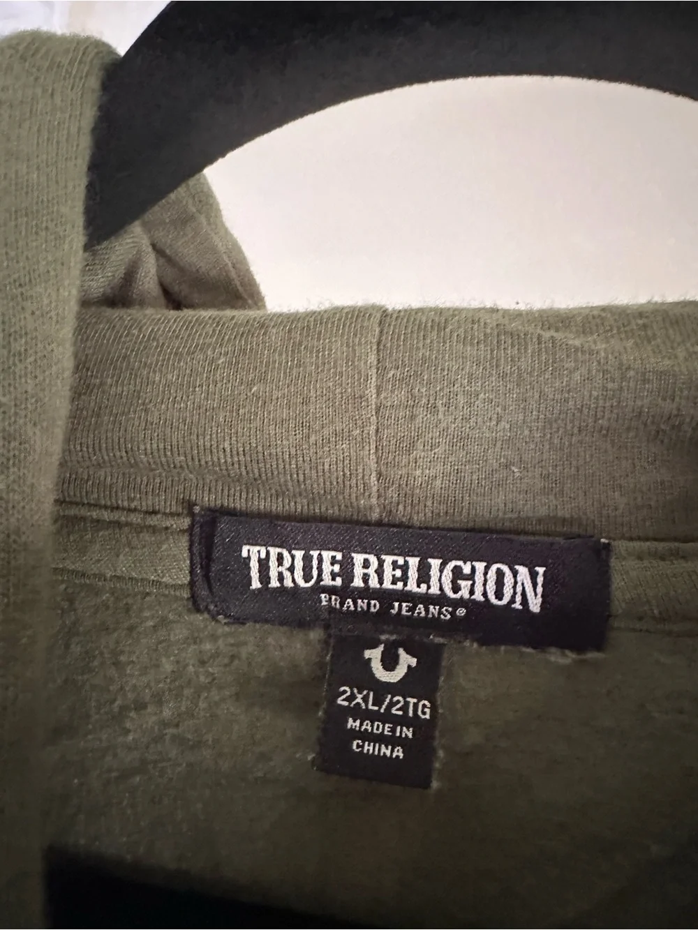 True Religion Hoodie Olive Green Black Split Arch Spellout Pullover Sweatshirt